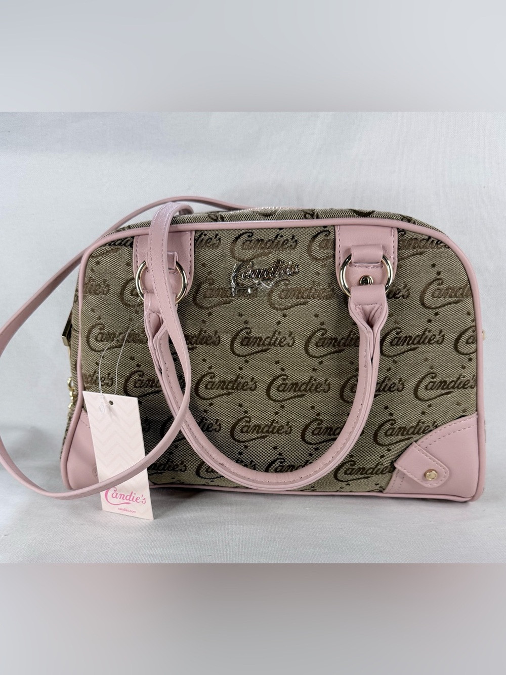 Candie's Beige Logo Bowler Satchel with Pink Trim and Removable Crossbody Strap